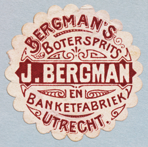 710448 Ronde sluitzegel van J. Bergman, Botersprits en Banketfabriek, [Lange Elisabethstraat 17] te Utrecht.